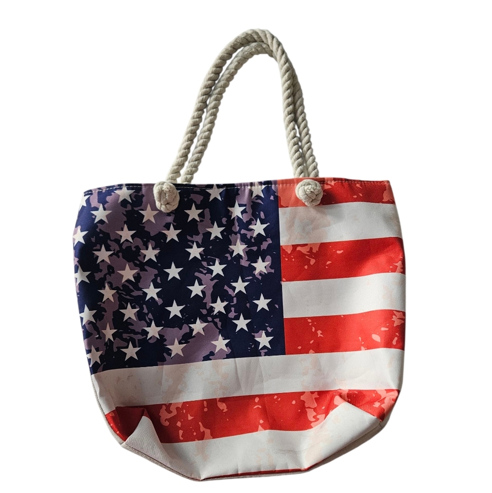 Tie Dye Splashed American Flag Rope Handle Tote - Picture 4 of 9